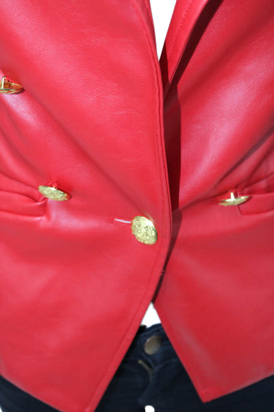 Central Park West Womens Faux Leather Gold Toned Button Blazer Red Size XS