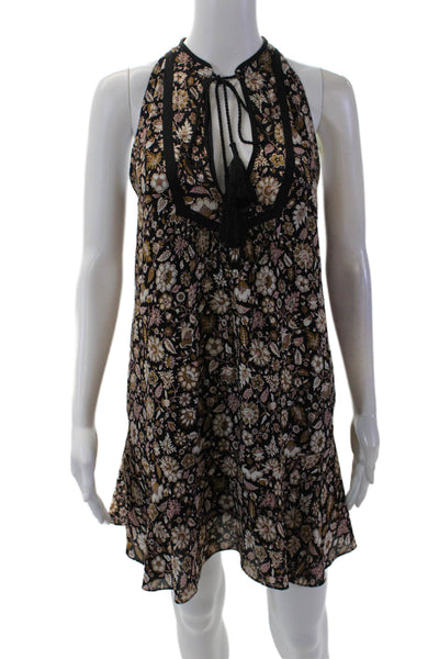 ALC Womens Silk Floral Sleeveless Tied Pullover Mini Dress Black Size 0