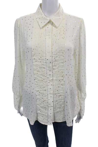 Untuckit Womens Pleated Metallic Long Sleeve Button Down Blouse White Size 8