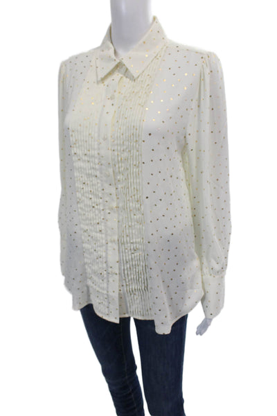 Untuckit Womens Pleated Metallic Long Sleeve Button Down Blouse White Size 8