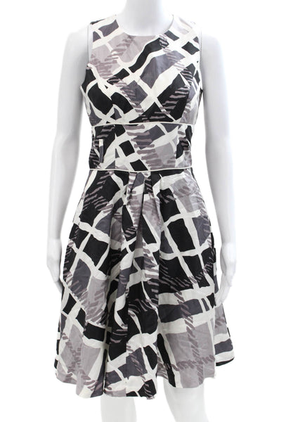 Badgley Mischka Womens Geometric Print Sleeveless A Line Dress White Grey Size 4