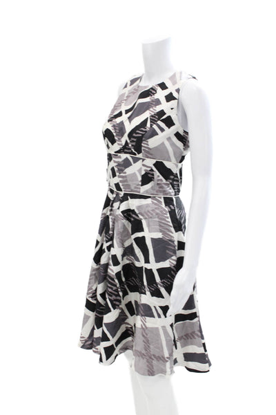 Badgley Mischka Womens Geometric Print Sleeveless A Line Dress White Grey Size 4