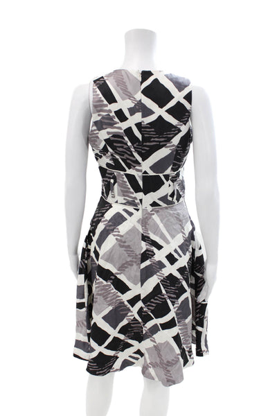 Badgley Mischka Womens Geometric Print Sleeveless A Line Dress White Grey Size 4