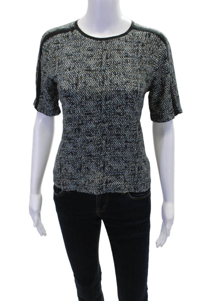ALC Women's Round Neck Short Sleeves Silk Printed Blouse Black Size 4