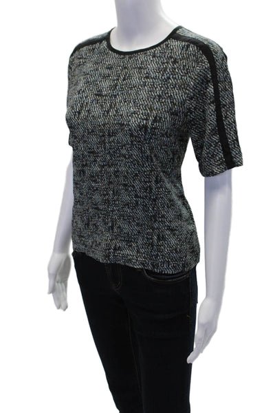 ALC Women's Round Neck Short Sleeves Silk Printed Blouse Black Size 4