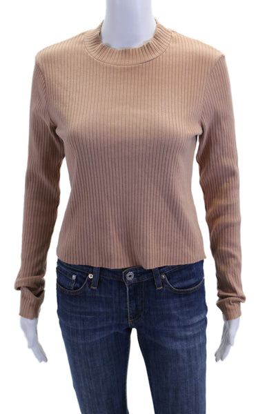 Stateside Womens Cotton Blend Ribbed Long Sleeve Pullover Knit Top Beige Size M