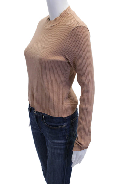 Stateside Womens Cotton Blend Ribbed Long Sleeve Pullover Knit Top Beige Size M