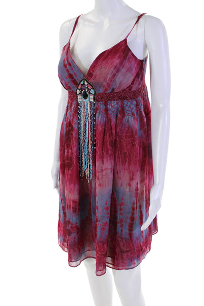 Plenty Womens Tie Dye Printed Beaded Detail Empire Waist Mini Dress Pink Size 8