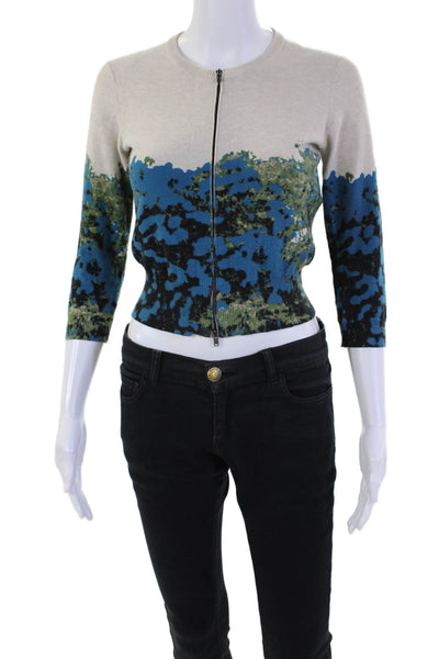 Tracy Reese Womens Cotton Abstract Printed Zipped Cardigan Beige Size PS