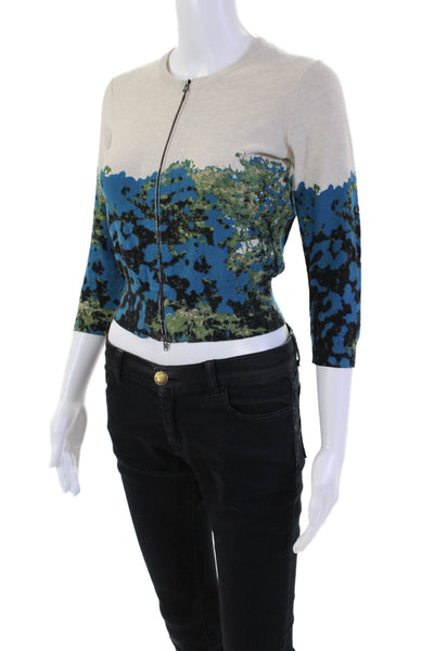Tracy Reese Womens Cotton Abstract Printed Zipped Cardigan Beige Size PS