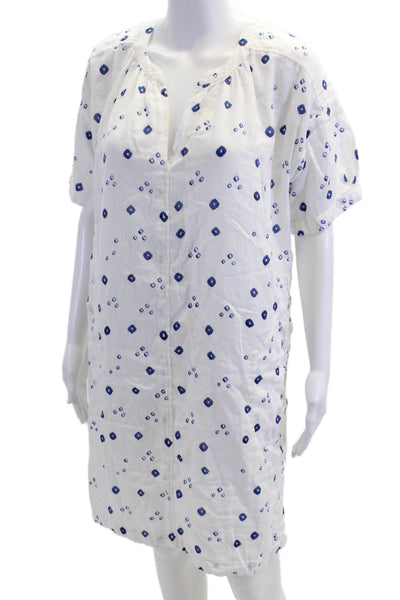 Xirena Womens Short Sleeve V Neck Abstract Printed Mini Dress White Blue Small