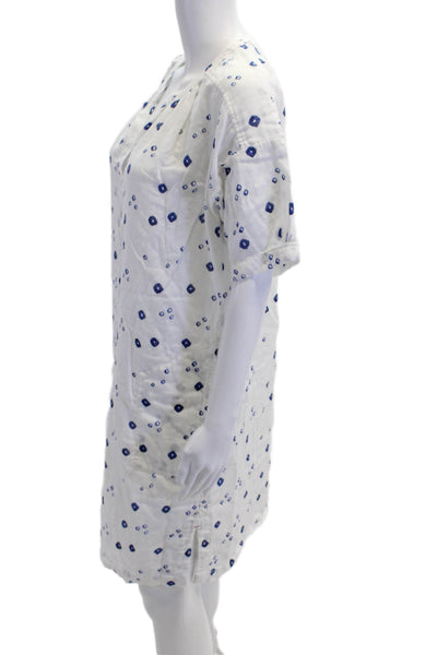 Xirena Womens Short Sleeve V Neck Abstract Printed Mini Dress White Blue Small