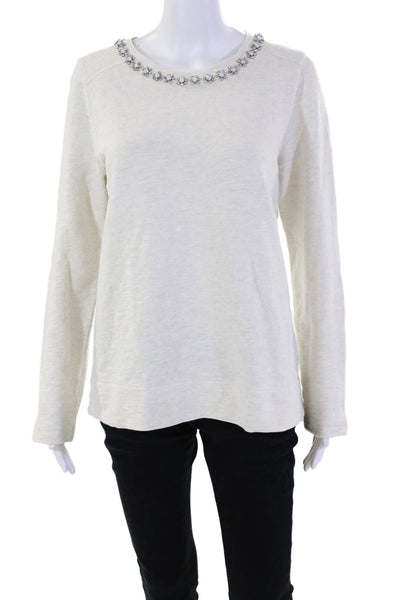J Crew Womens Cotton Crystal Beaded Embellished Pullover Sweater Top Beige Sz M