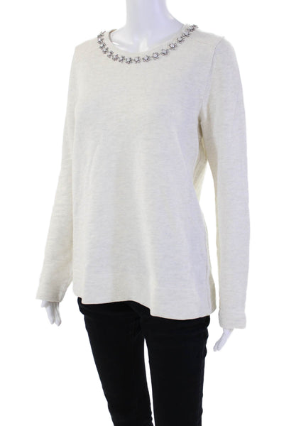 J Crew Womens Cotton Crystal Beaded Embellished Pullover Sweater Top Beige Sz M