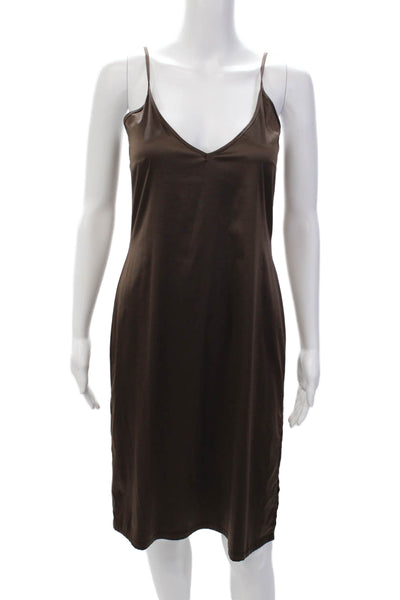 Rene Lezard Womens Satin Spaghetti Strap Leg Slit Slip Dress Brown Size 36