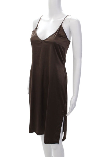 Rene Lezard Womens Satin Spaghetti Strap Leg Slit Slip Dress Brown Size 36