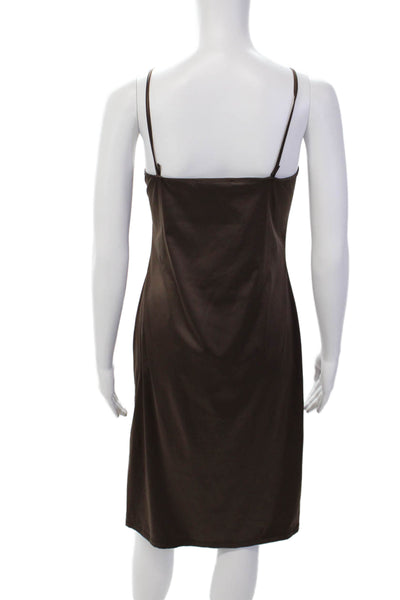 Rene Lezard Womens Satin Spaghetti Strap Leg Slit Slip Dress Brown Size 36