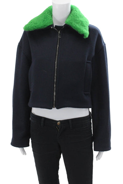 Ines & Marechal Womens Front Zip Shearling Collared Coat Navy Green Wool FR 36