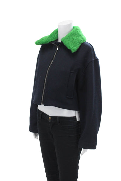 Ines & Marechal Womens Front Zip Shearling Collared Coat Navy Green Wool FR 36