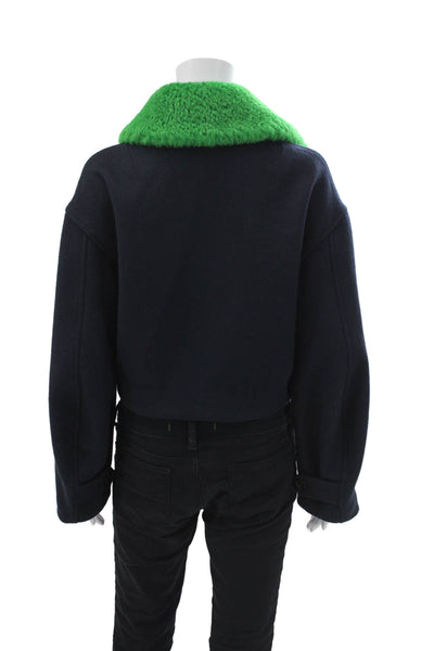 Ines & Marechal Womens Front Zip Shearling Collared Coat Navy Green Wool FR 36
