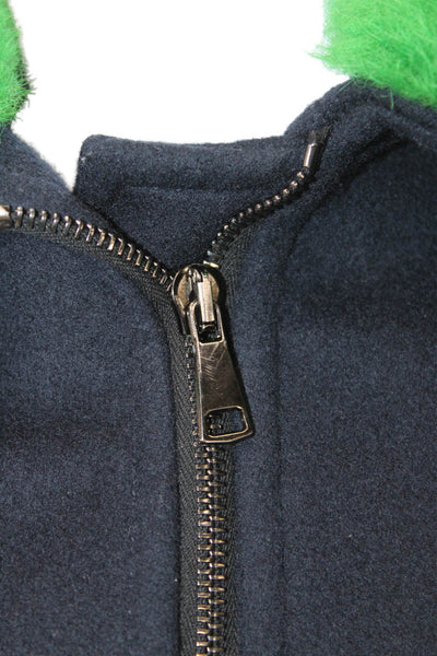 Ines & Marechal Womens Front Zip Shearling Collared Coat Navy Green Wool FR 36
