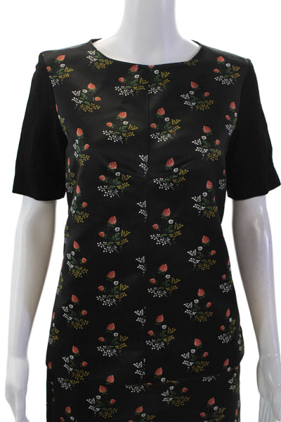 Derek Lam Womens Floral Print Short Sleeves Shirt Skirt Set Black Size 6/4