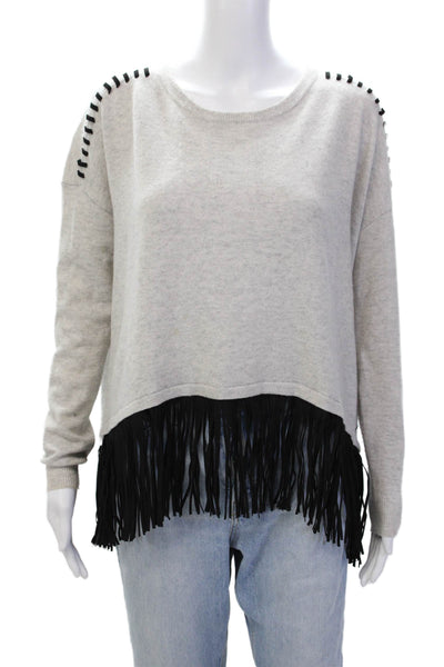 One Grey Day Womens Scoop Neck Fringe Trim Sweater Gray Black Wool Size Large
