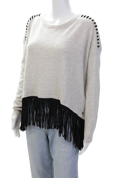 One Grey Day Womens Scoop Neck Fringe Trim Sweater Gray Black Wool Size Large