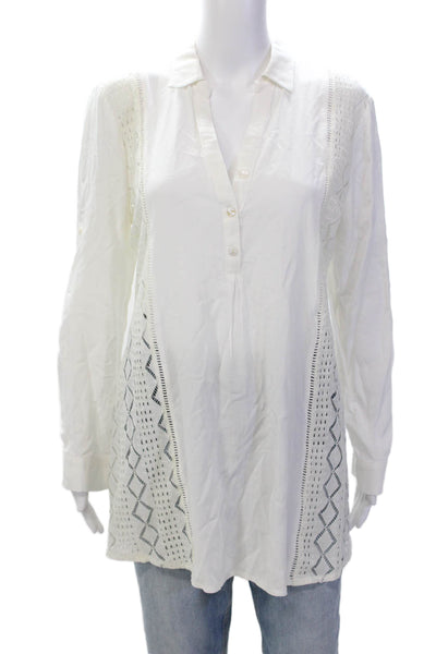 Solitaire Womens LOng SLeeve Lace Trim Collared Blouse Shirt White Size Small