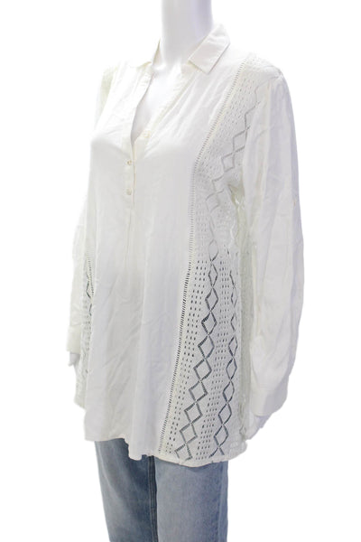 Solitaire Womens LOng SLeeve Lace Trim Collared Blouse Shirt White Size Small