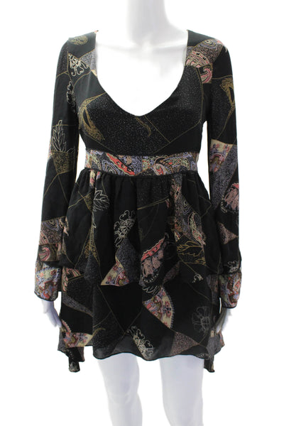 Elizabeth and James Womens Silk Printed V-Neck Long Sleeve Dress Black Size 2