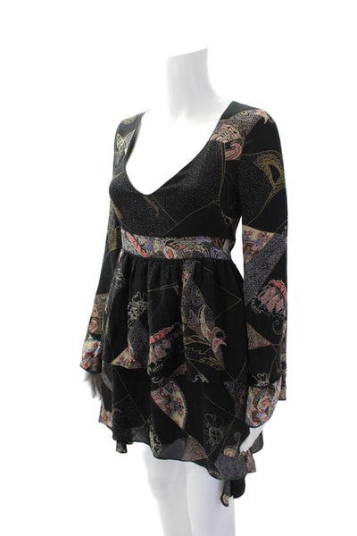 Elizabeth and James Womens Silk Printed V-Neck Long Sleeve Dress Black Size 2