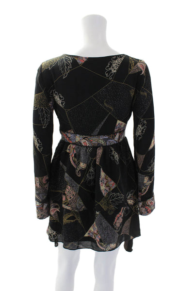 Elizabeth and James Womens Silk Printed V-Neck Long Sleeve Dress Black Size 2