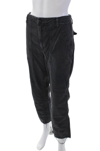 AMO Womens Cotton Mid Rise Raw Hem Straight Leg Crop Trousers Black Size 31