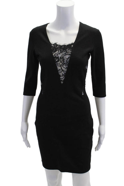 Mason Womens Back Zip 3/4 Sleeve Lace Trim Sheath Dress Black Size Small