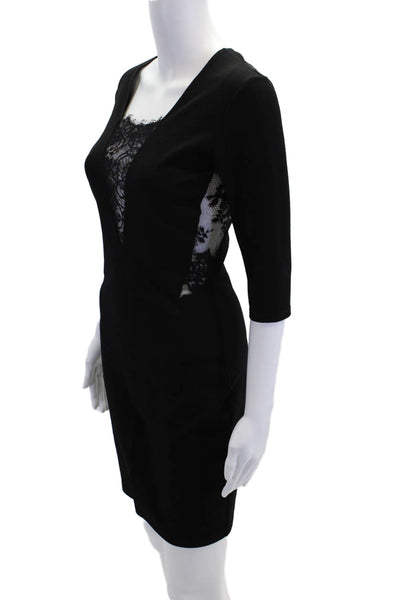 Mason Womens Back Zip 3/4 Sleeve Lace Trim Sheath Dress Black Size Small