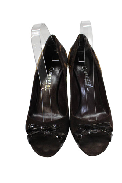 Gunmetal Womens Stiletto Pony Hair Trim Suede Peep Toe Pumps Brown Suede 39.5