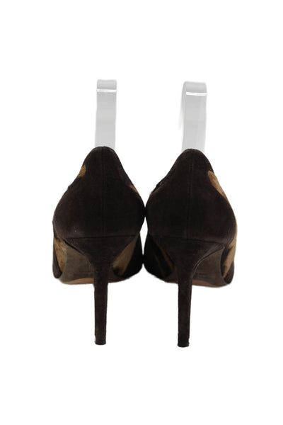 Gunmetal Womens Stiletto Pony Hair Trim Suede Peep Toe Pumps Brown Suede 39.5