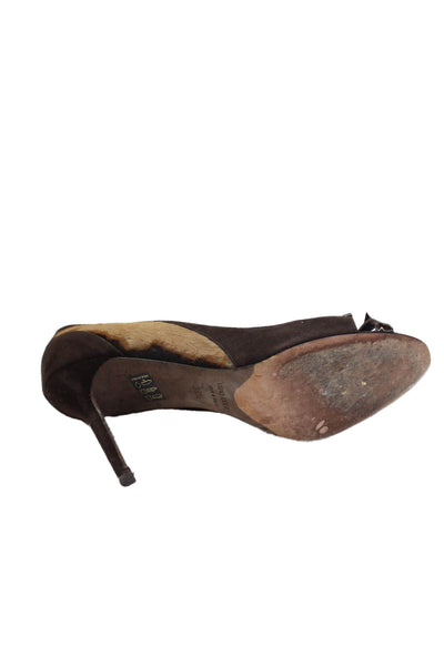 Gunmetal Womens Stiletto Pony Hair Trim Suede Peep Toe Pumps Brown Suede 39.5