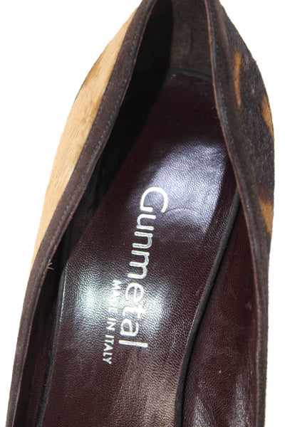 Gunmetal Womens Stiletto Pony Hair Trim Suede Peep Toe Pumps Brown Suede 39.5