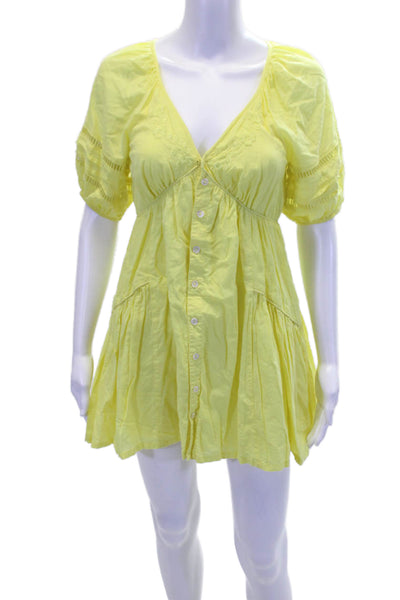 Tularosa Womens Short Puff Sleeve V-Neck Embroidered Dress Yellow Size XS