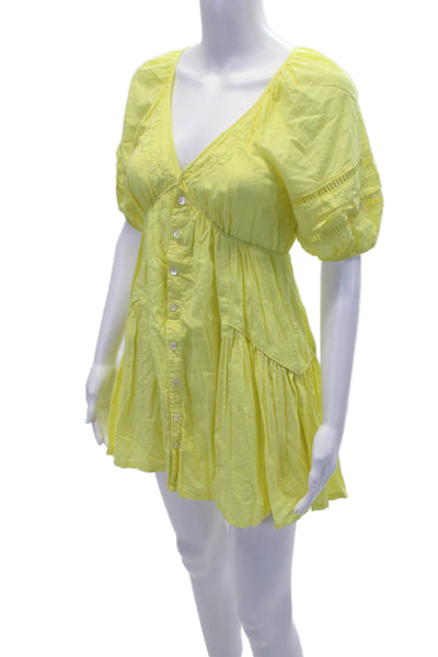 Tularosa Womens Short Puff Sleeve V-Neck Embroidered Dress Yellow Size XS