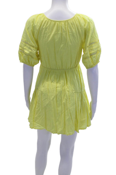 Tularosa Womens Short Puff Sleeve V-Neck Embroidered Dress Yellow Size XS