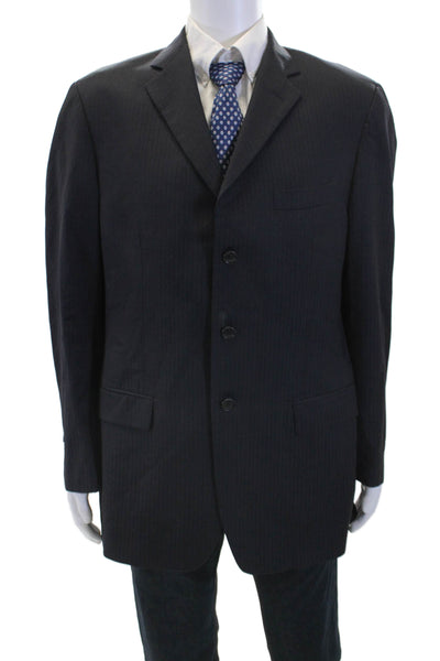 Barneys New York Mens Pin Stripe Printed Three Button Suit Jacket Blue Size 54