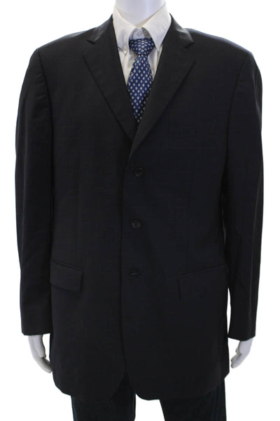 Barneys New York Mens Wool Plaid Printed Three Button Suit Jacket Blue Size 54