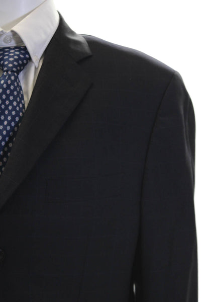 Barneys New York Mens Wool Plaid Printed Three Button Suit Jacket Blue Size 54