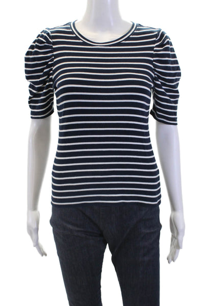 Alice McCall Womens Cotton Striped Crew Neck Puff Sleeve Blouse Top Navy Size S