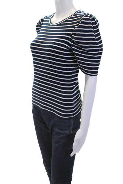 Alice McCall Womens Cotton Striped Crew Neck Puff Sleeve Blouse Top Navy Size S
