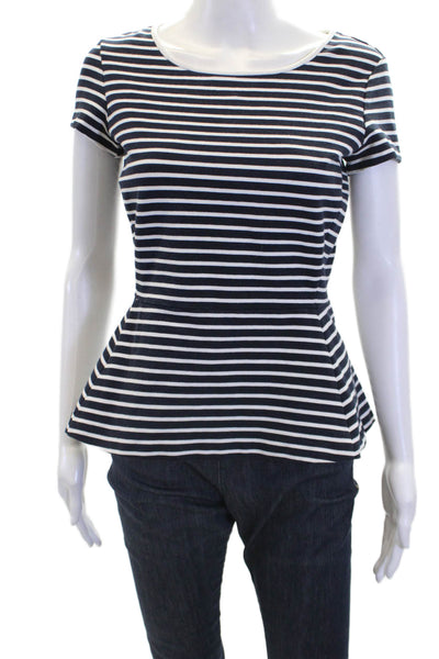 Theory Womens Cotton Striped Crew Neck Short Sleeve Peplum Top Navy Blue Size 4