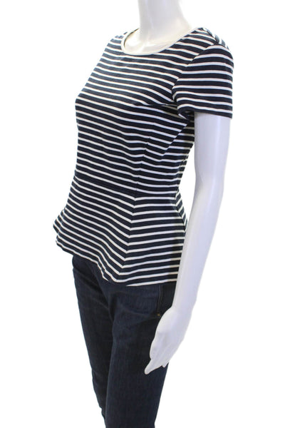 Theory Womens Cotton Striped Crew Neck Short Sleeve Peplum Top Navy Blue Size 4